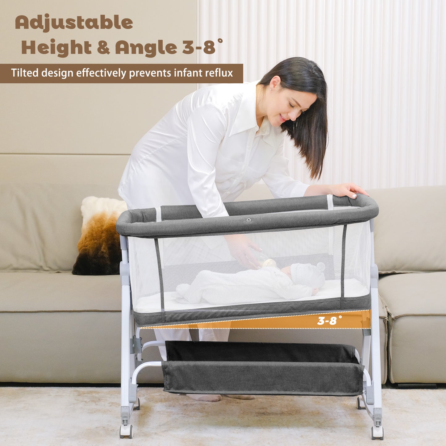 Baby Bassinet, 3 in 1 Bassinets Bedside Sleeper, 7 Height Adjustable Bedside Bassinet for Baby with Wheels and Mattress, 4-Sided Mesh Bedside Crib for Newborn, Grey, Youluzhen