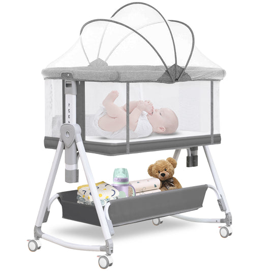 Baby Bassinet, 3 in 1 Bassinets Bedside Sleeper, 7 Height Adjustable Bedside Bassinet for Baby with Wheels and Mattress, 4-Sided Mesh Bedside Crib for Newborn, Grey, Youluzhen