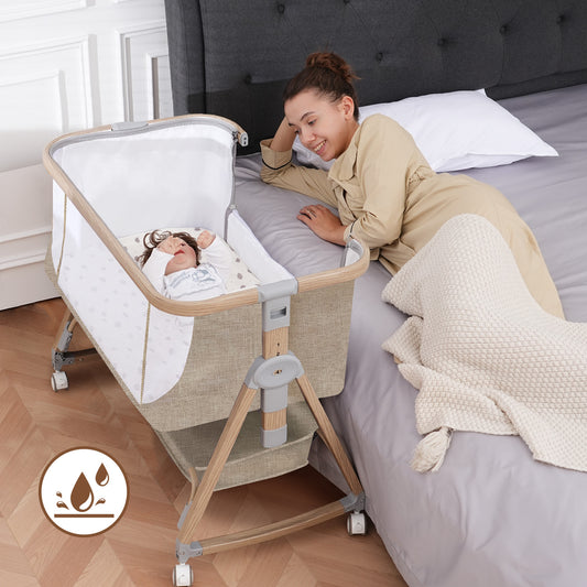 Baby Bassinet, Basinet Bedside Sleeper with Waterproof Bassinet Sheets and Soft Mattress, Safe Adjustable Height Bedside Bassinets with Wheels, Girl/Boy Bassinets, Jestonten (Khaki)