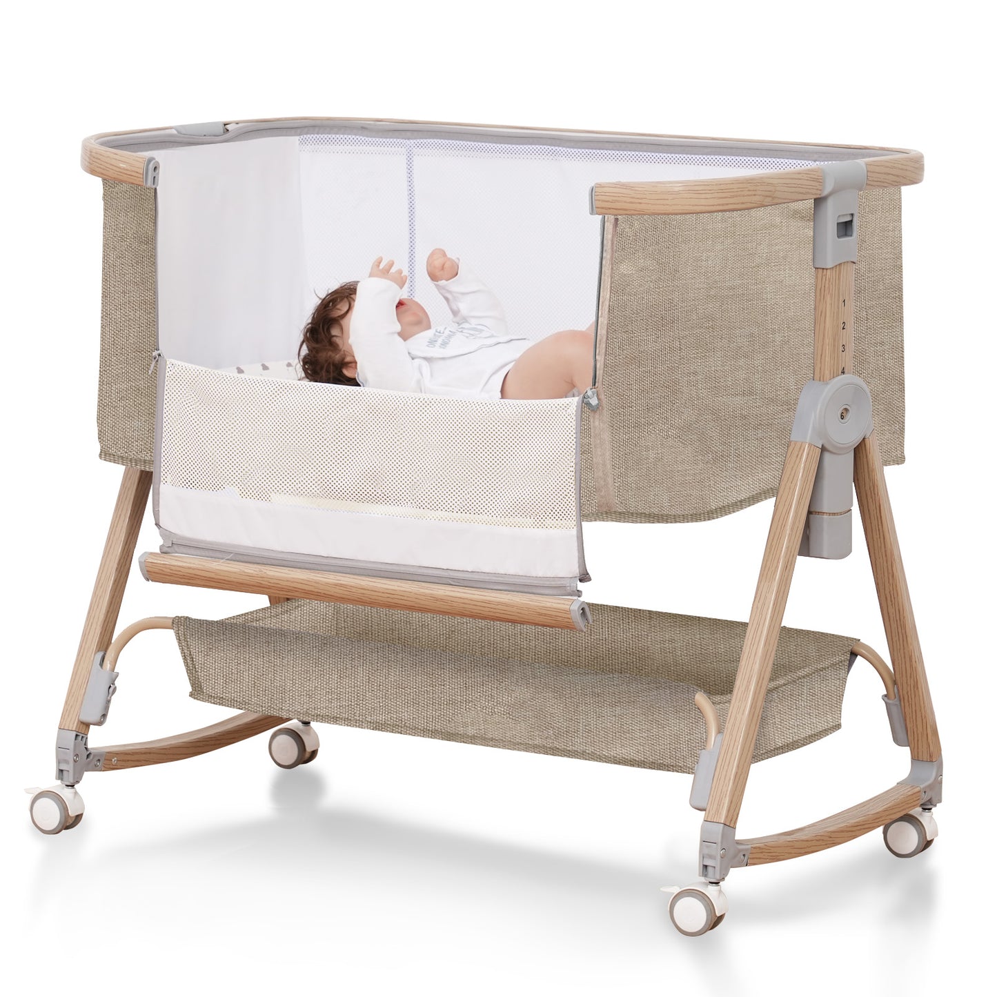 Baby Bassinet, Basinet Bedside Sleeper with Waterproof Bassinet Sheets and Soft Mattress, Safe Adjustable Height Bedside Bassinets with Wheels, Girl/Boy Bassinets, Jestonten (Khaki)