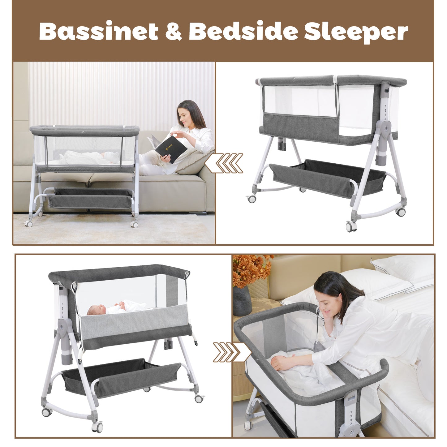 Baby Bassinet, 3 in 1 Bassinets Bedside Sleeper, 7 Height Adjustable Bedside Bassinet for Baby with Wheels and Mattress, 4-Sided Mesh Bedside Crib for Newborn, Grey, Youluzhen