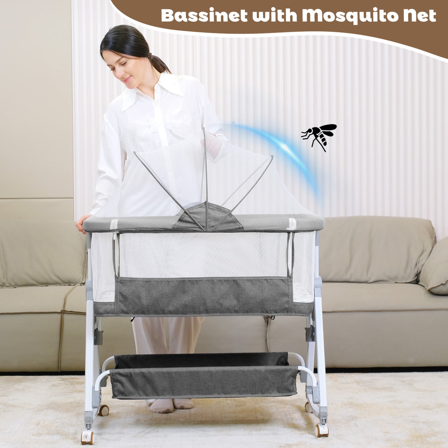 Baby Bassinet, 3 in 1 Bassinets Bedside Sleeper, 7 Height Adjustable Bedside Bassinet for Baby with Wheels and Mattress, 4-Sided Mesh Bedside Crib for Newborn, Grey, Youluzhen