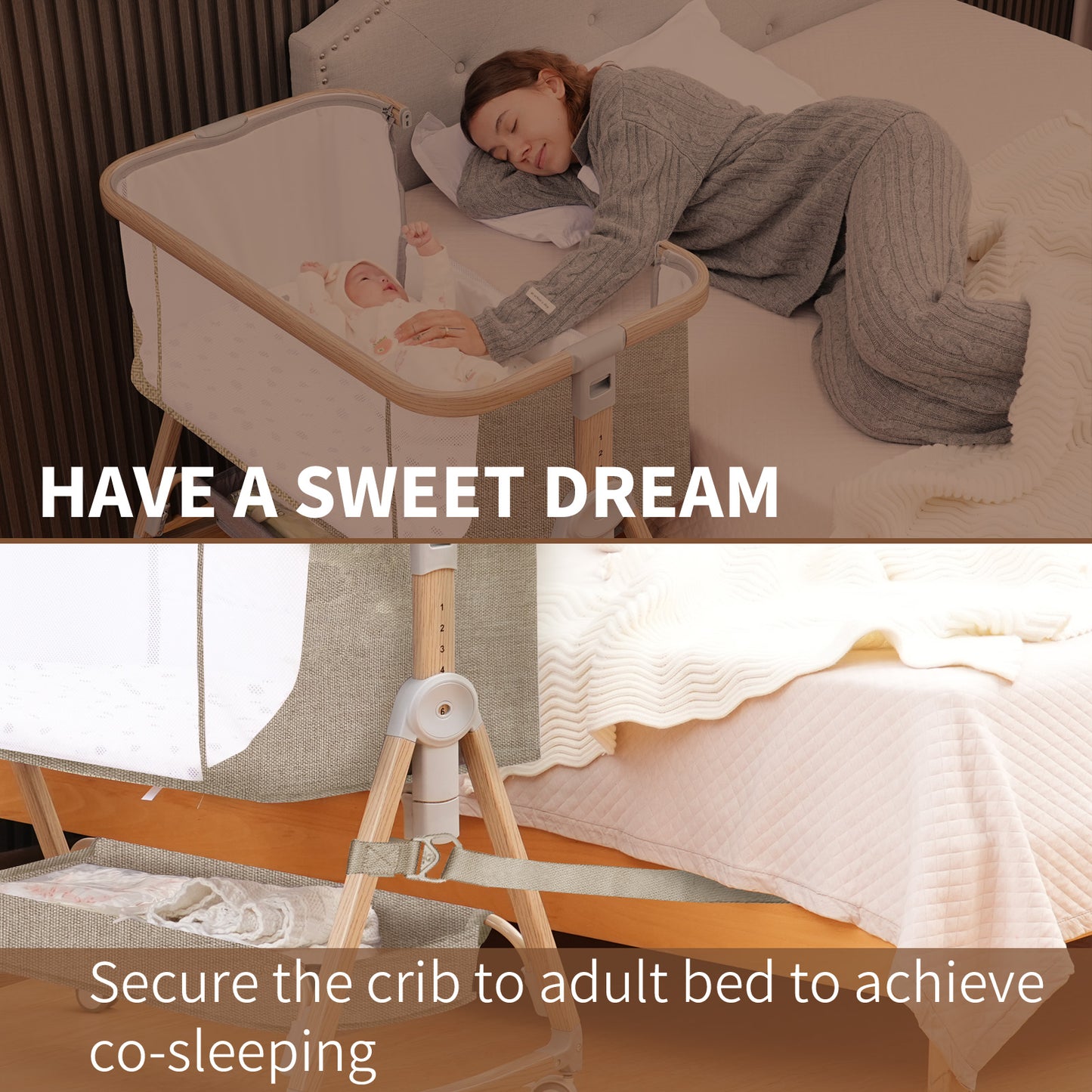 Baby Bassinet, Basinet Bedside Sleeper with Waterproof Bassinet Sheets and Soft Mattress, Safe Adjustable Height Bedside Bassinets with Wheels, Girl/Boy Bassinets, Jestonten (Khaki)