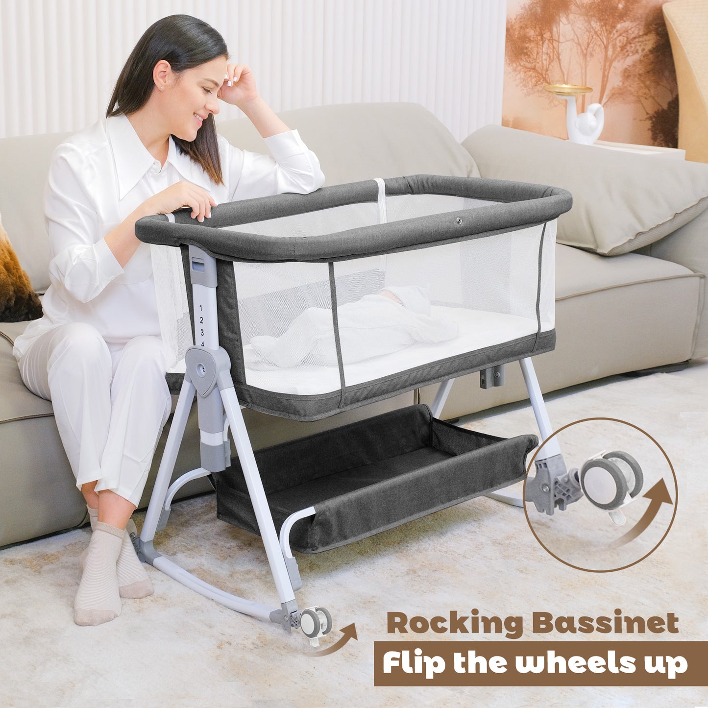Baby Bassinet, 3 in 1 Bassinets Bedside Sleeper, 7 Height Adjustable Bedside Bassinet for Baby with Wheels and Mattress, 4-Sided Mesh Bedside Crib for Newborn, Grey, Youluzhen