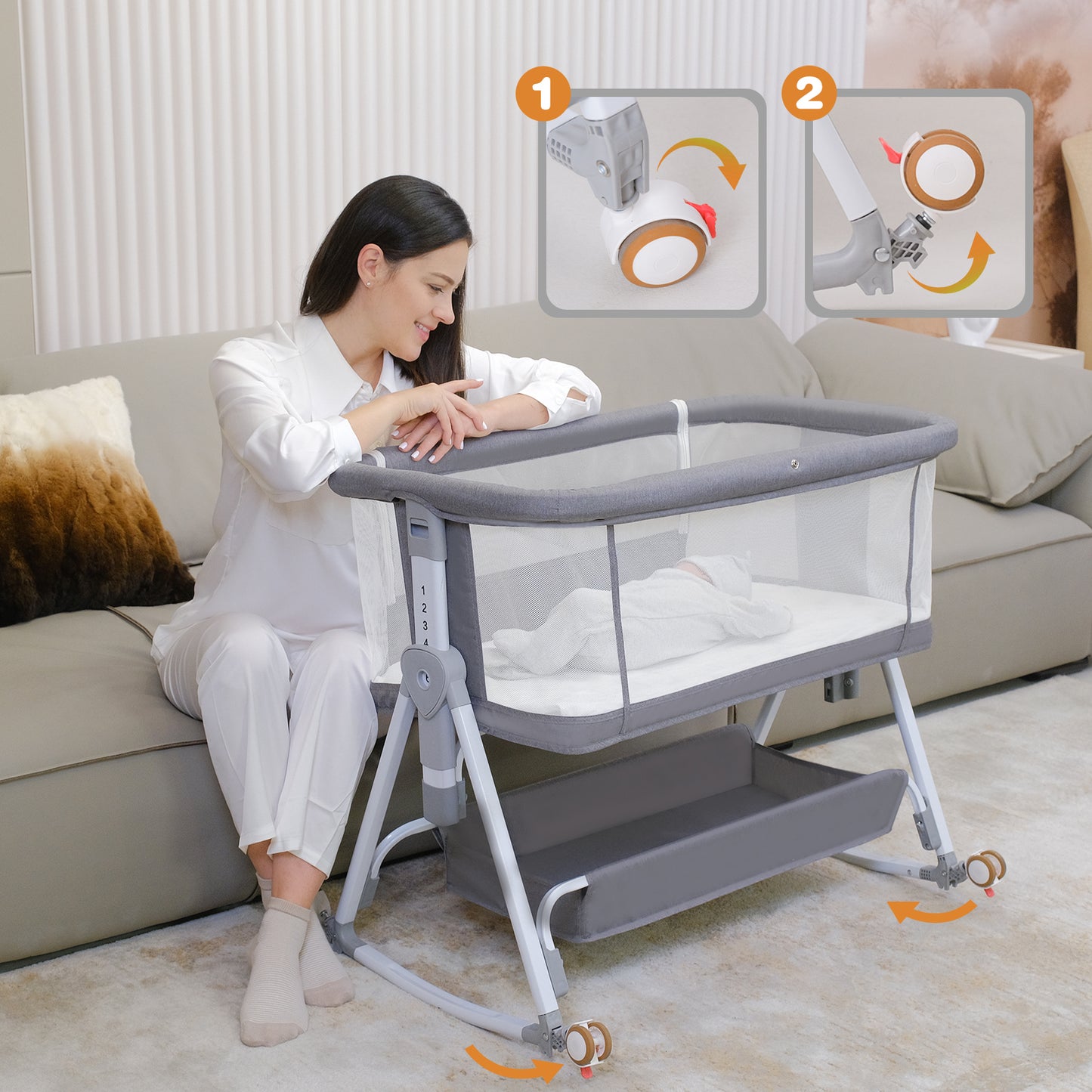 Baby Bassinet Bedside Sleeper for Baby with Wheels and Storage Barket
