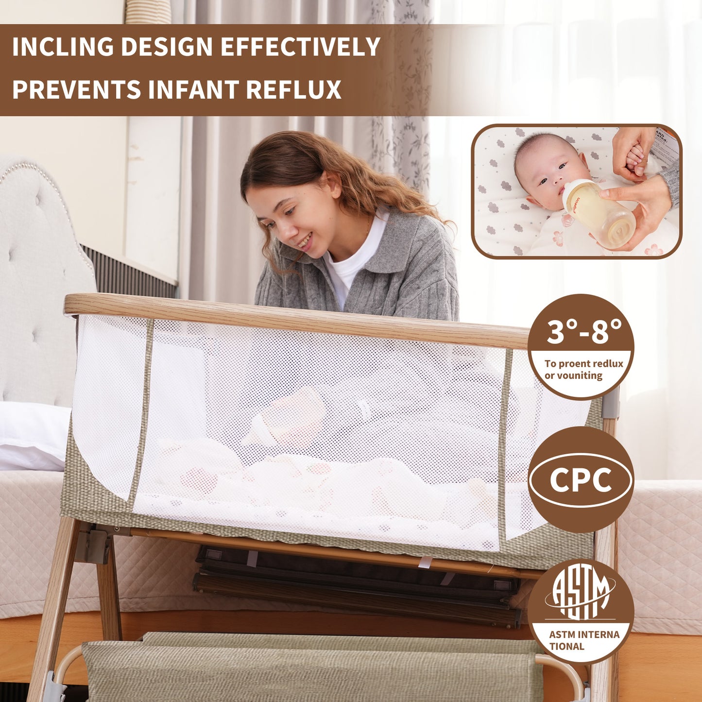 Baby Bassinet, Basinet Bedside Sleeper with Waterproof Bassinet Sheets and Soft Mattress, Safe Adjustable Height Bedside Bassinets with Wheels, Girl/Boy Bassinets, Jestonten (Khaki)