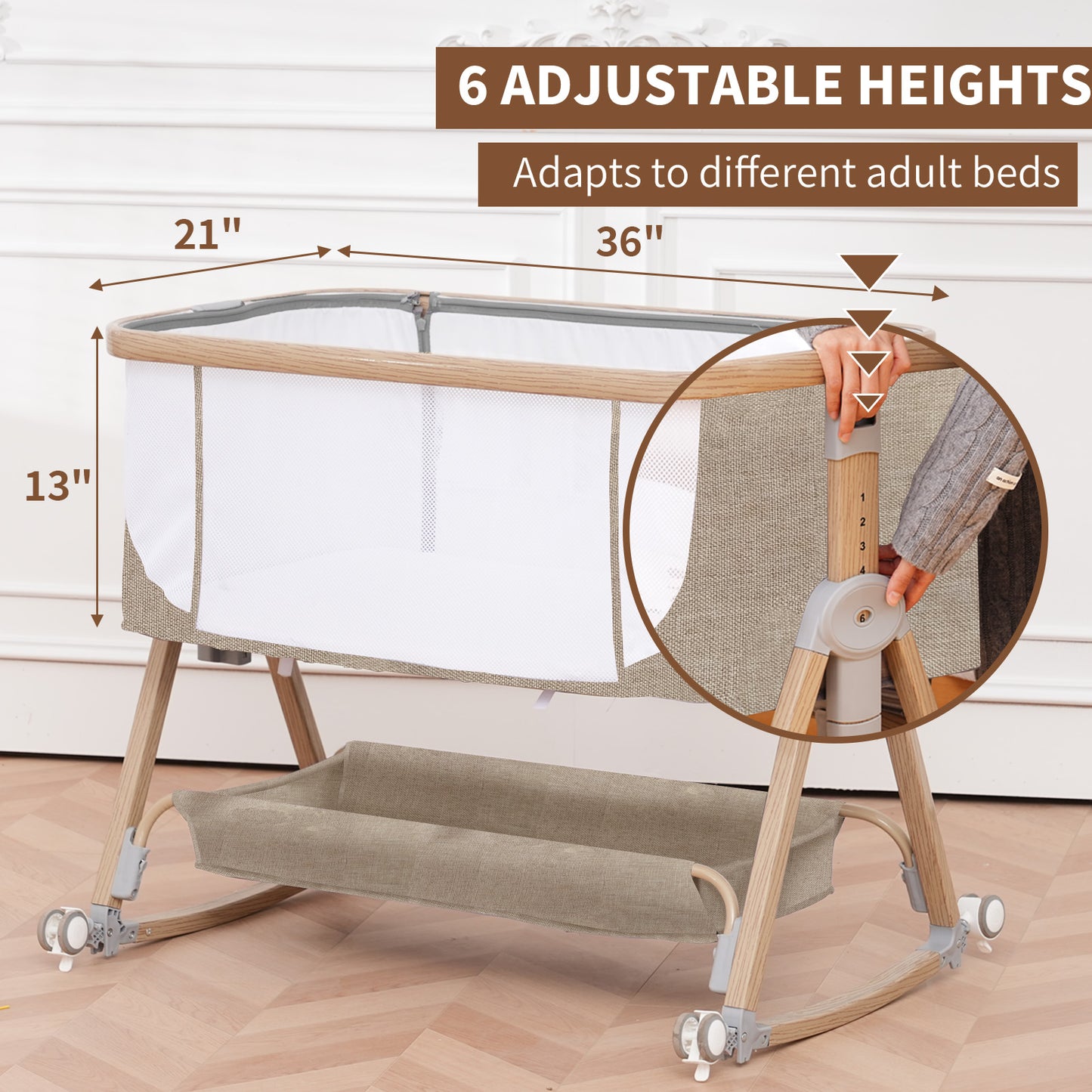 Baby Bassinet, Basinet Bedside Sleeper with Waterproof Bassinet Sheets and Soft Mattress, Safe Adjustable Height Bedside Bassinets with Wheels, Girl/Boy Bassinets, Jestonten (Khaki)